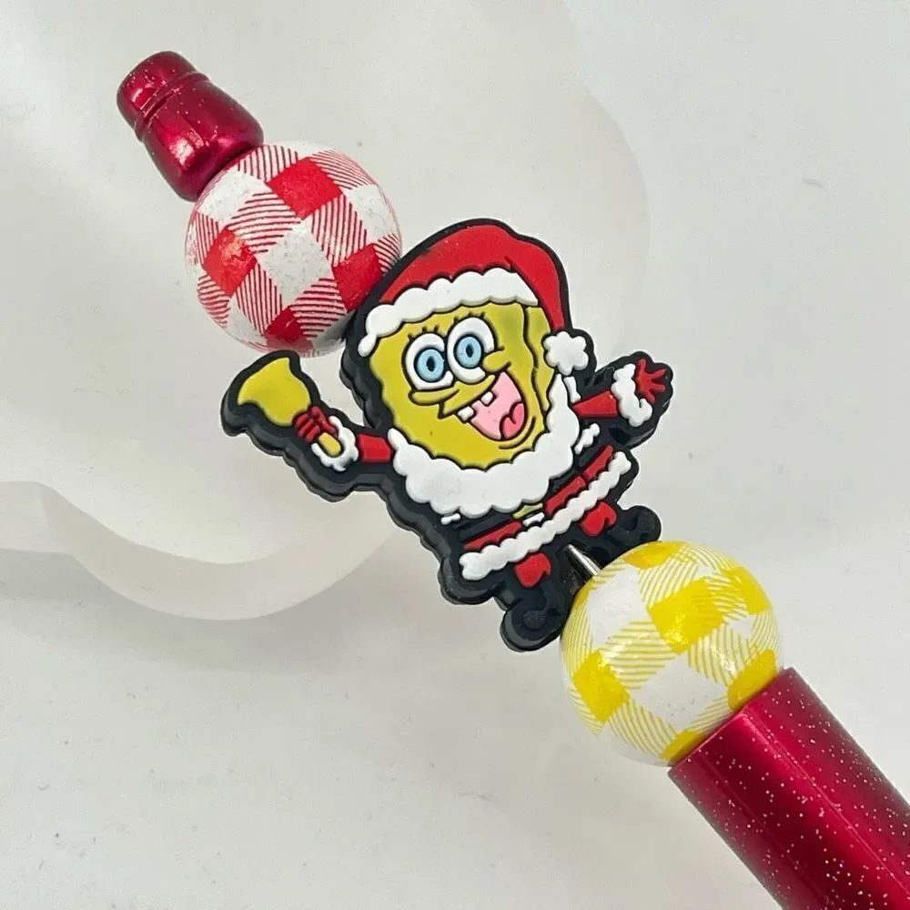 SpongeBob Christmas Santa pen handmade NEW bell yellow red glitter metallic whit